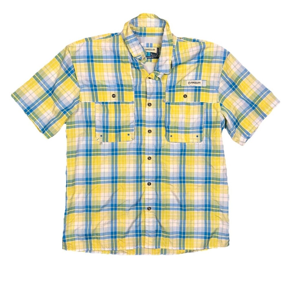 Magellan Men's Relaxed Large Short Sleeve Button Up Fish Gear Yellow‎ Blue Plaid